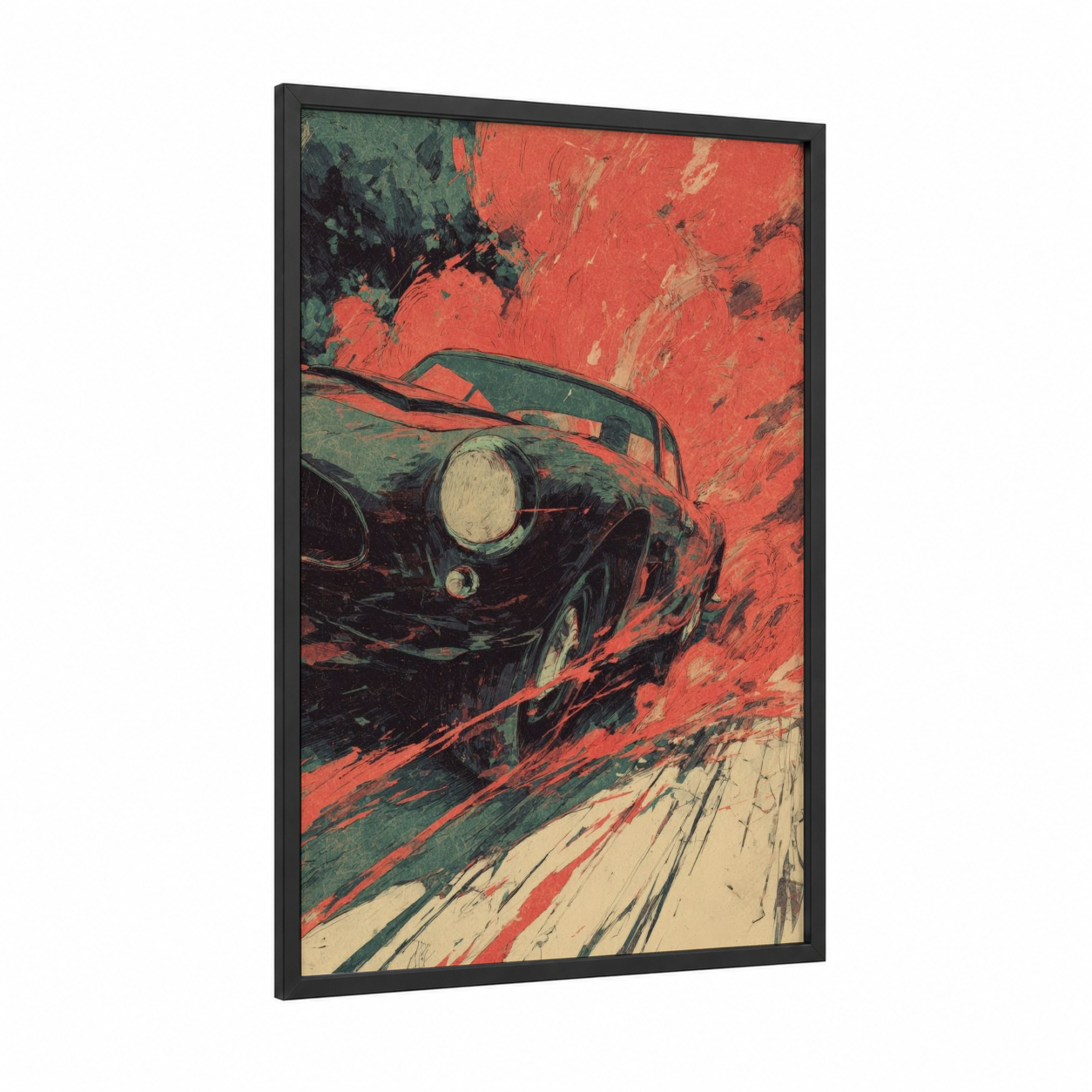 Crimson Velocity framed classic car print — black wood frame — red and dark green palette
