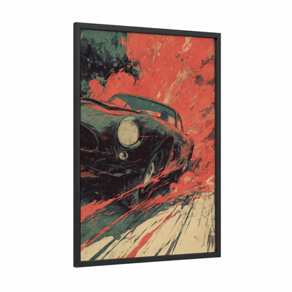 Crimson Velocity framed classic car print — black wood frame — red and dark green palette