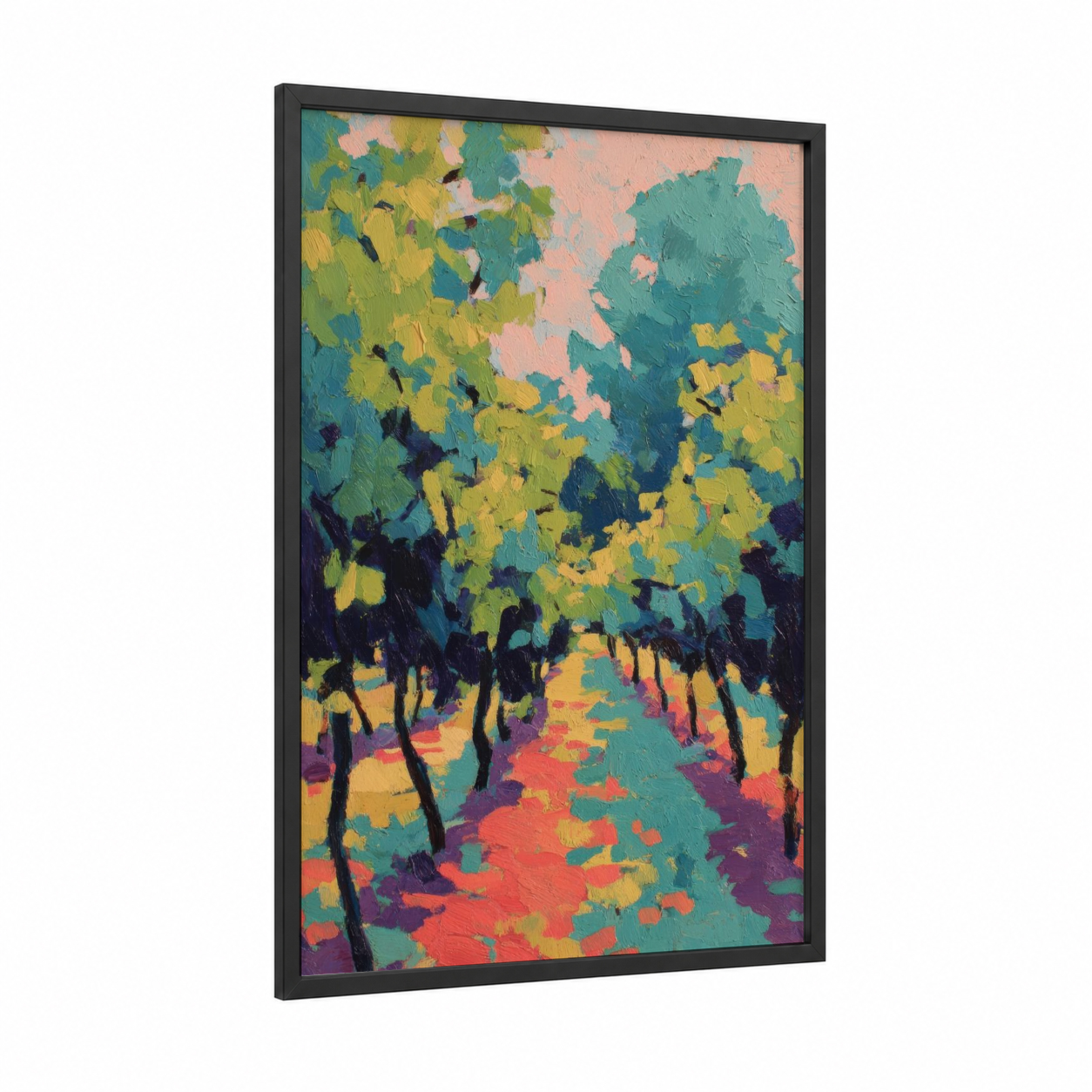 Sunlit Vineyards framed art print — black wood frame — gold and teal palette