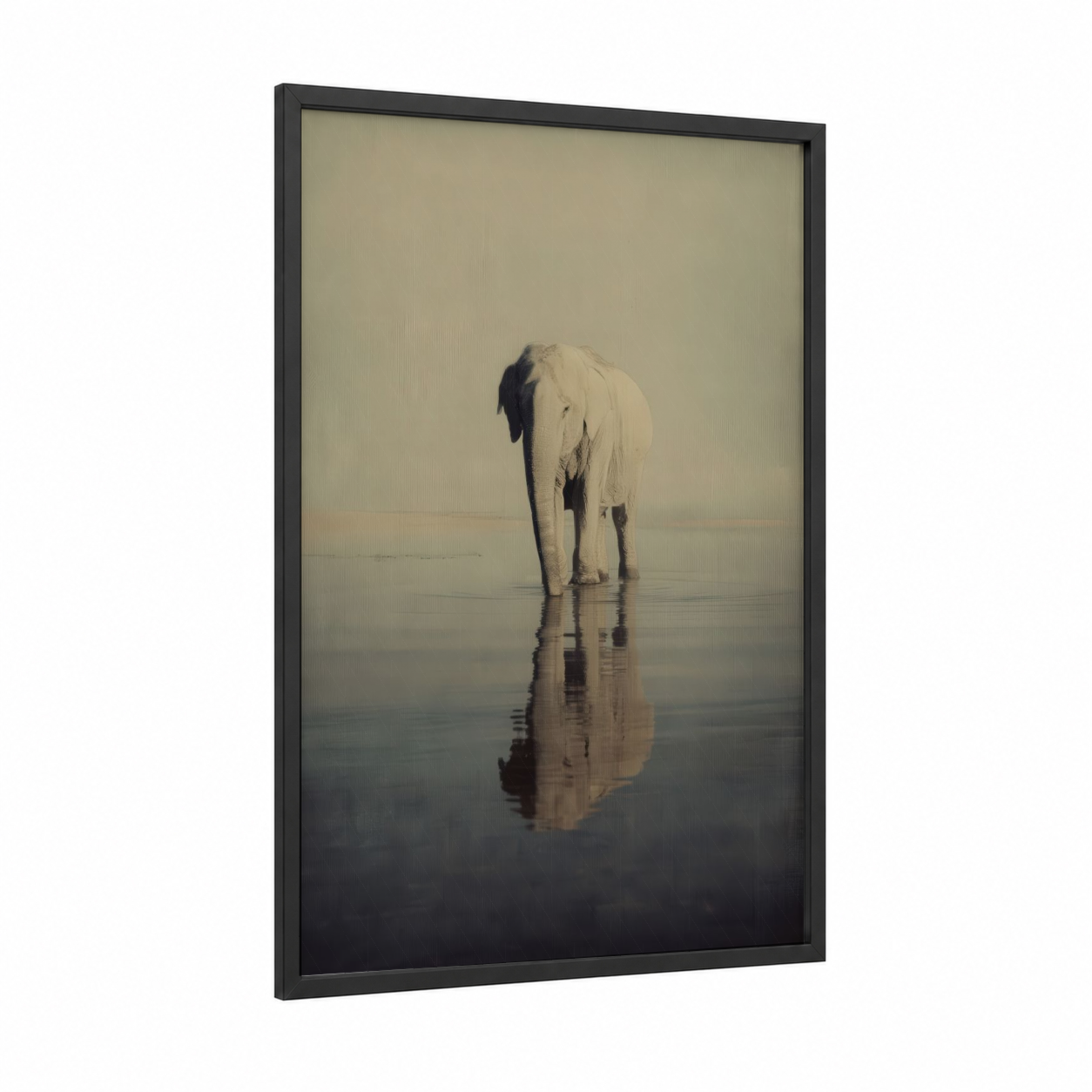Serene Elephant framed asian elephant print — black wood frame — gray and beige palette