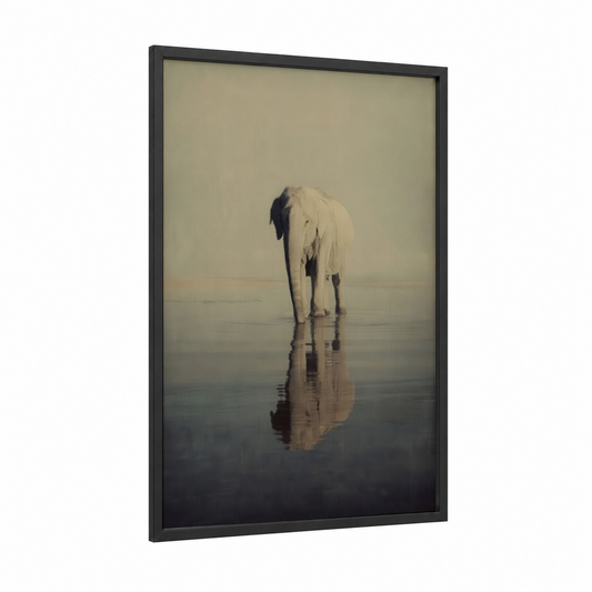 Serene Elephant framed asian elephant print — black wood frame — gray and beige palette