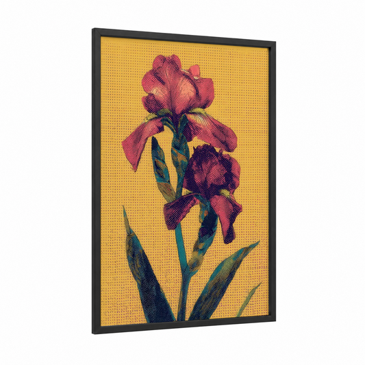 Magenta Iris Blooms framed art print — black wood frame — gold and magenta palette