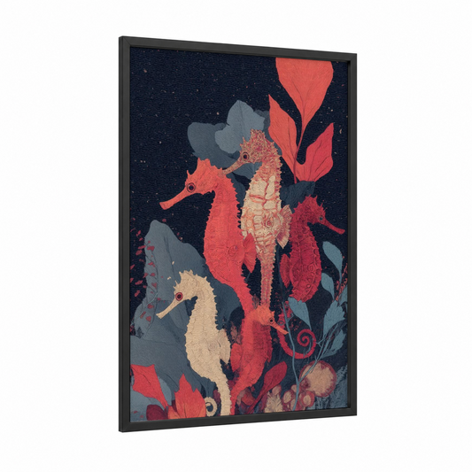 Coral Seahorse Garden framed sea horse print — black wood frame — salmon pink and dove gray palette