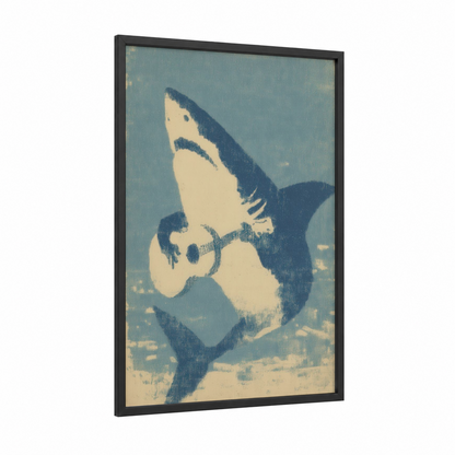 Vintage Shark framed great white shark print — black wood frame — blue and white and dove gray palette