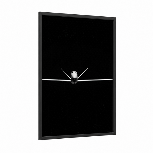 Tactical Fighter framed military plane print — black wood frame — black and white palette