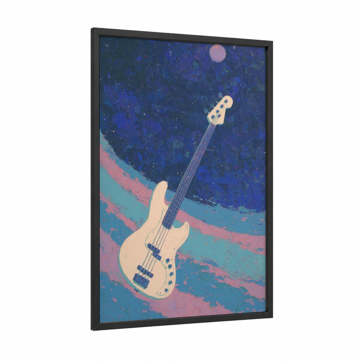 Cosmic Bass Guitar framed art print — black wood frame — blue and pink palette