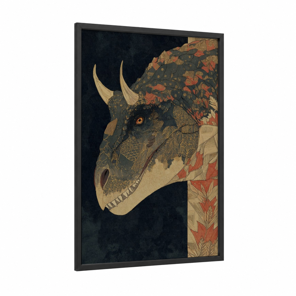 Autumn Dinosaur framed art print — black wood frame — black and russet palette