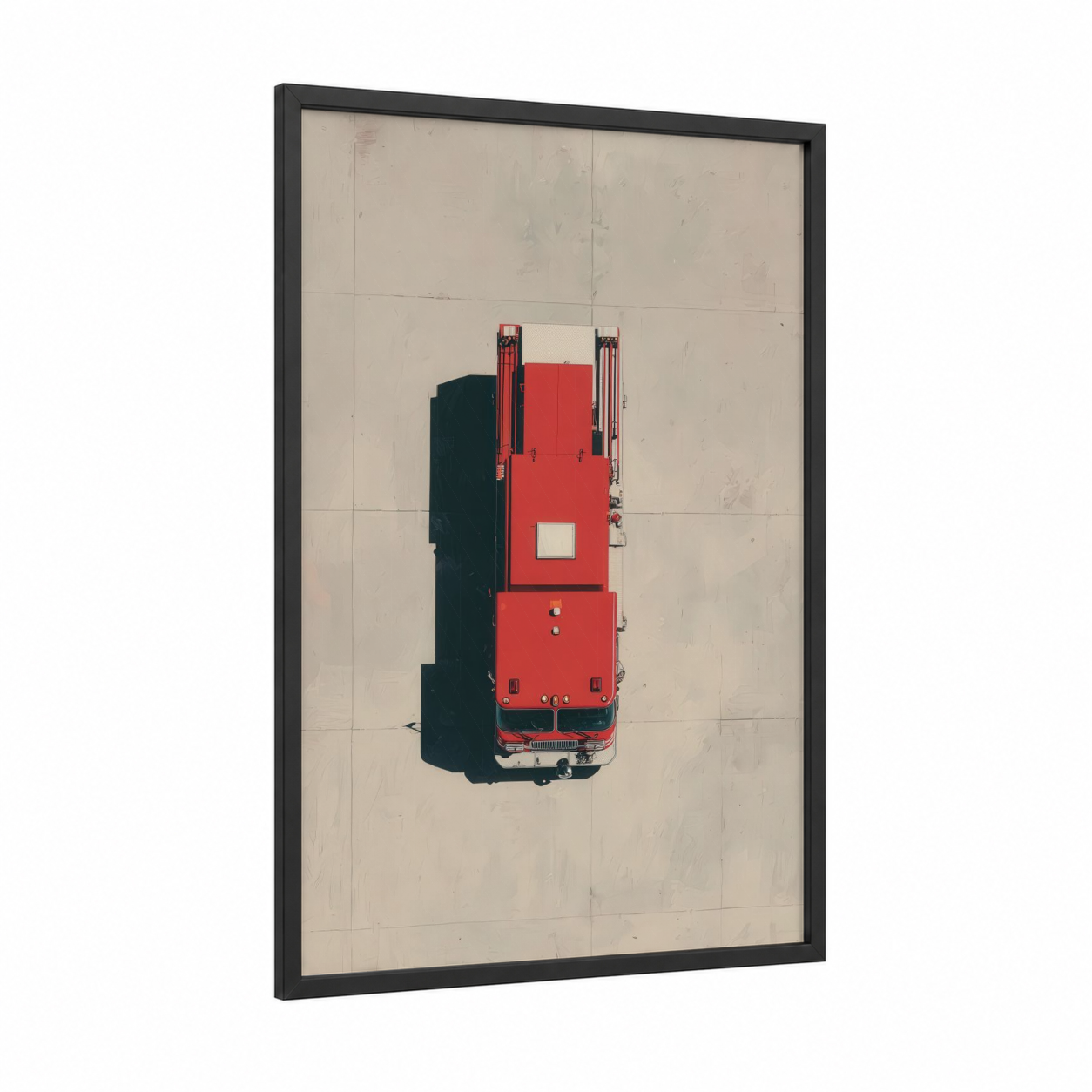 Red Fire Engine framed art print — black wood frame — red and black palette