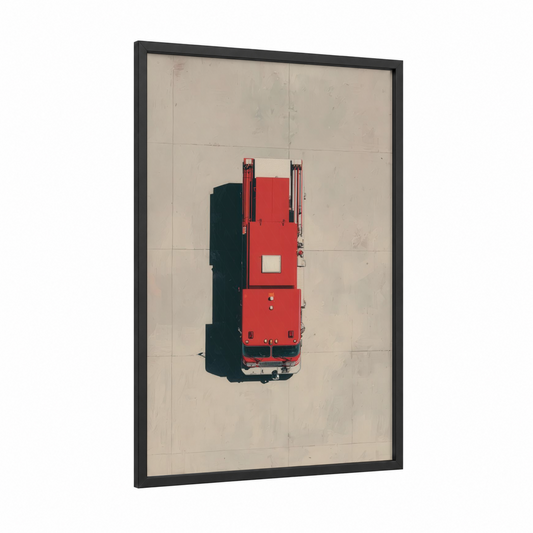 Red Fire Engine framed art print — black wood frame — red and black palette