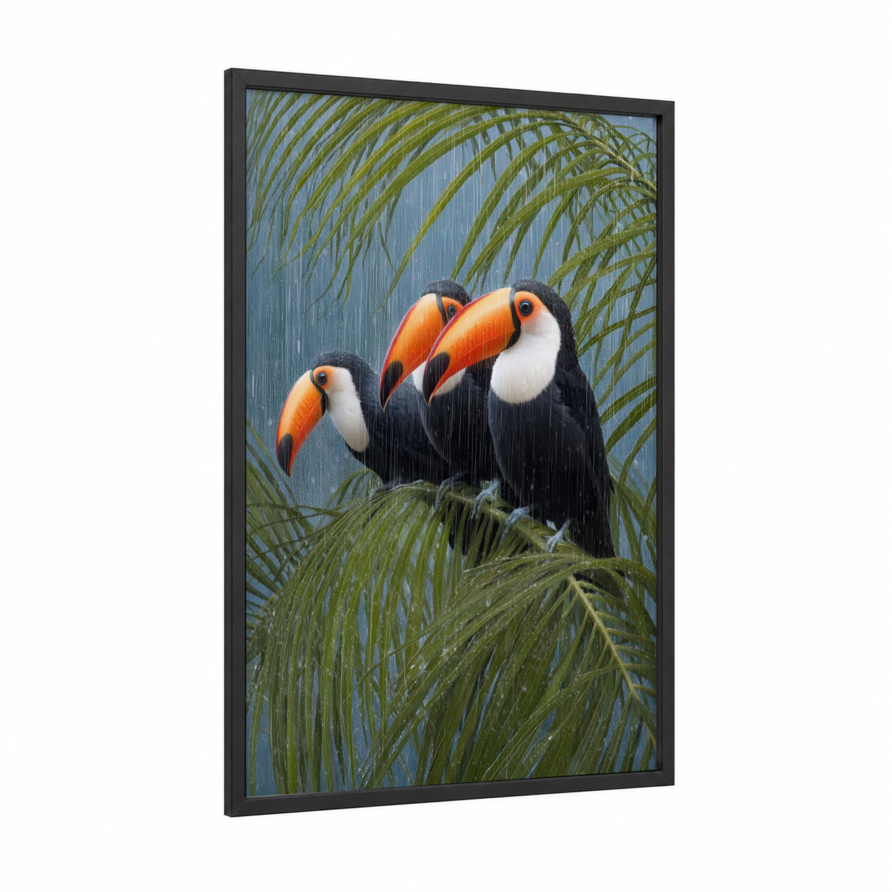 Tropical Toucan Trio framed art print — black wood frame — blue and orange palette