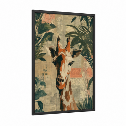Tropical Giraffe framed art print — black wood frame — cream and russet palette