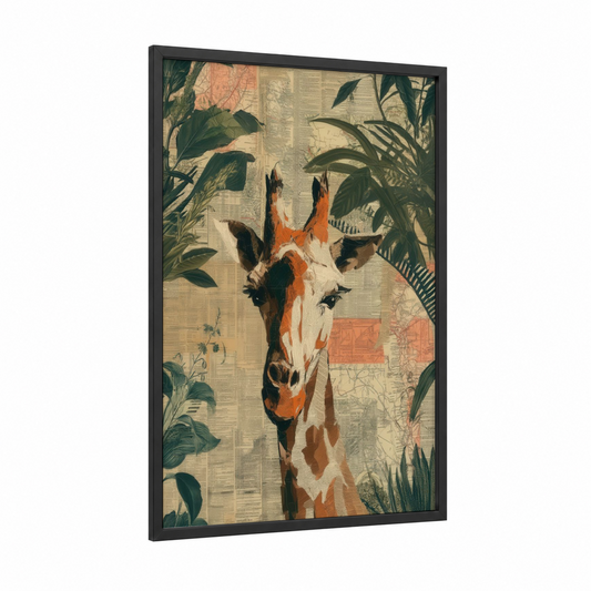 Tropical Giraffe framed art print — black wood frame — cream and russet palette