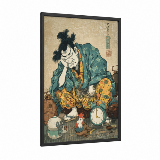 Sleepy Rooster framed chicken and roosters print — black wood frame — teal and gold palette