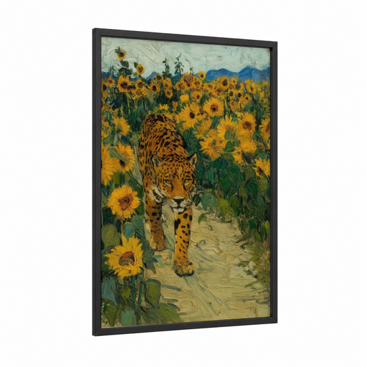 Sunflower Jaguar framed art print — black wood frame — yellow gold and true green palette