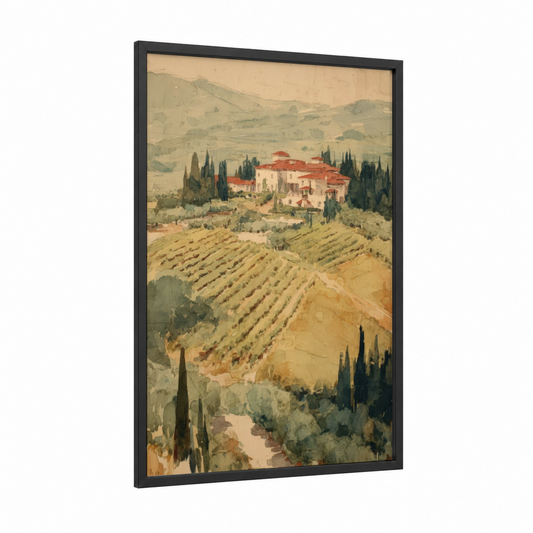 Tuscan Vineyard Villa framed vineyards print — black wood frame — cream and olive palette