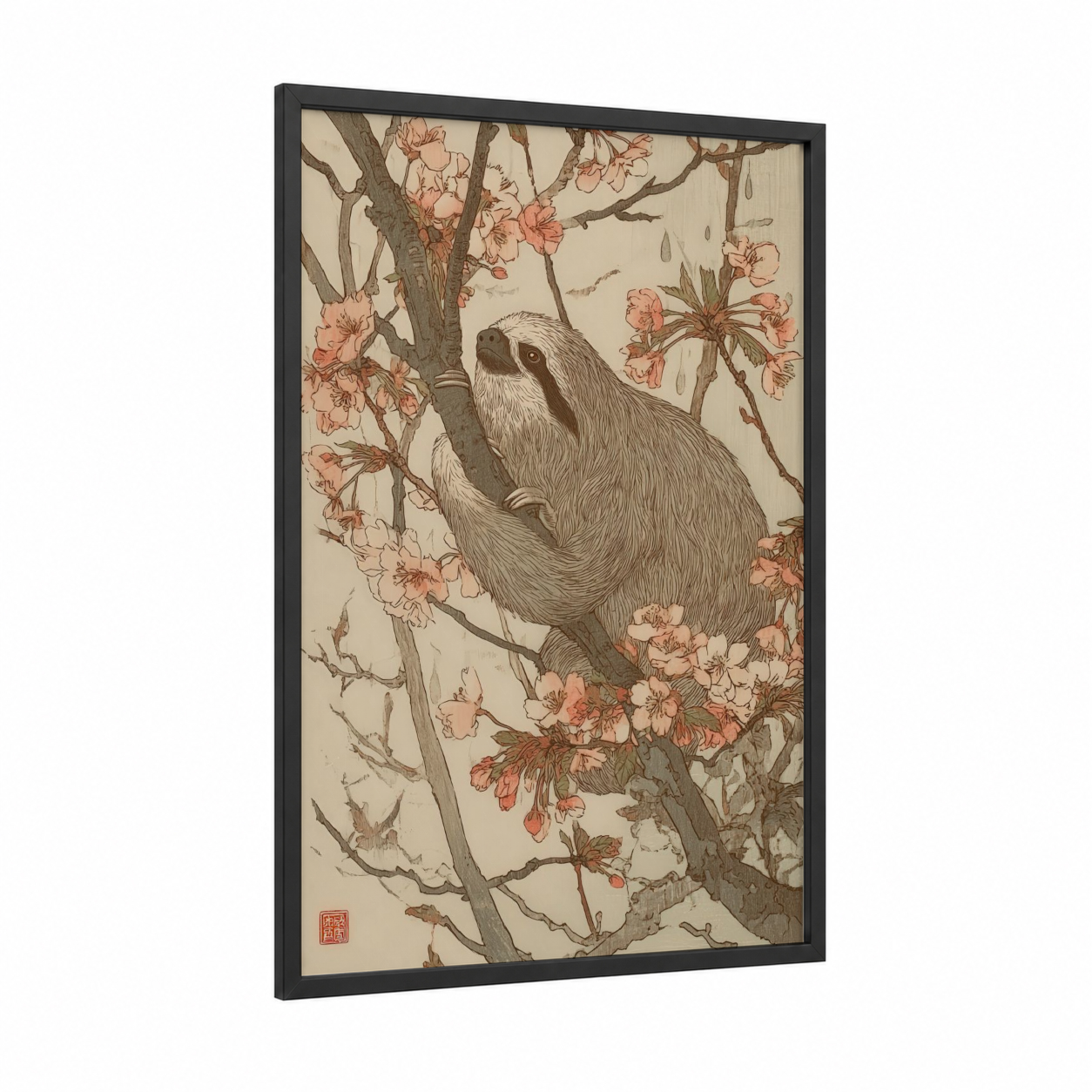 Flowering Sloth framed art print — black wood frame — cream and peach palette