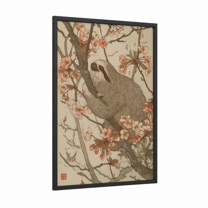 Flowering Sloth framed art print — black wood frame — cream and peach palette