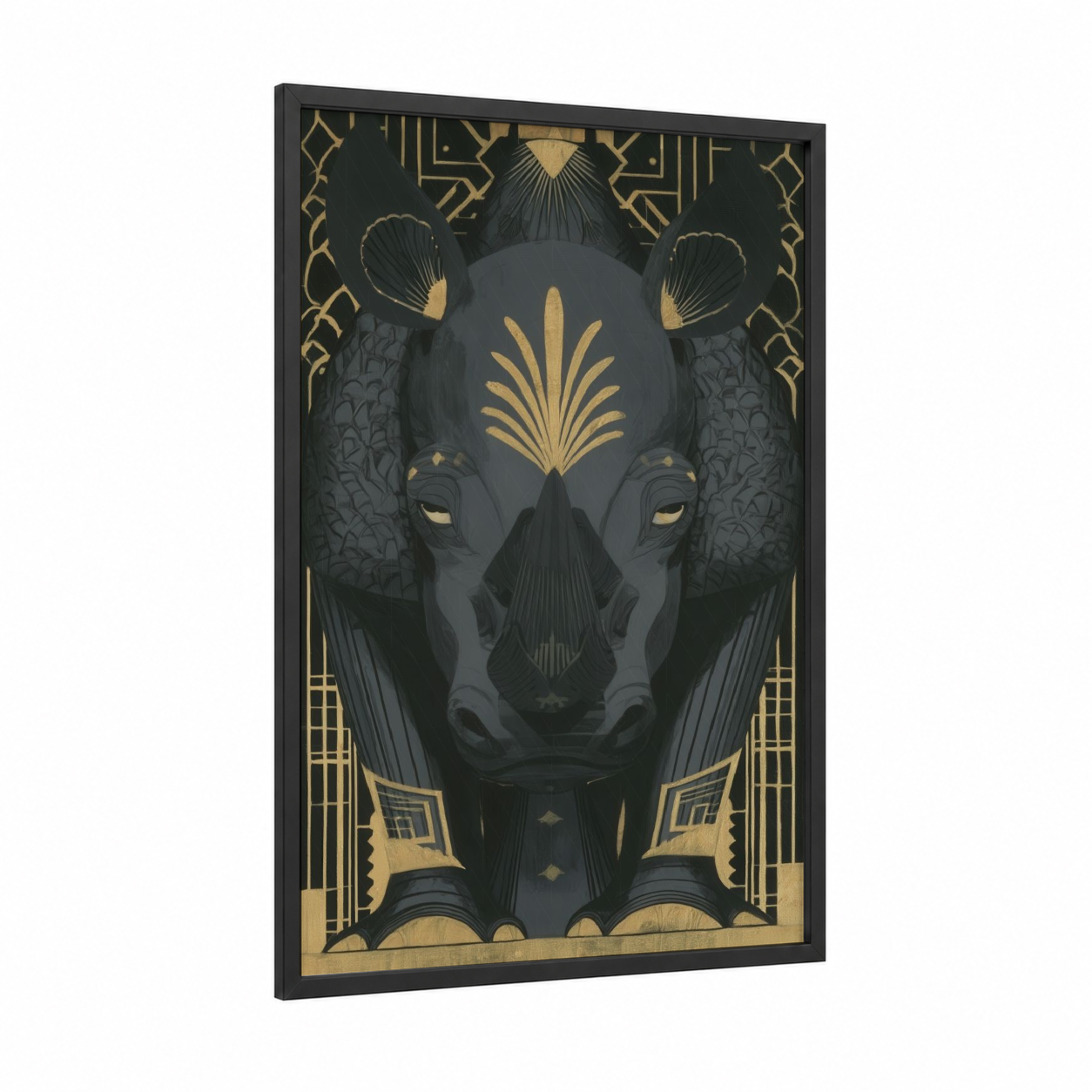 Golden Rhino framed art print — black wood frame — gold and black palette