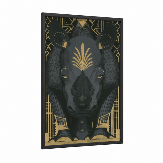 Golden Rhino framed art print — black wood frame — gold and black palette