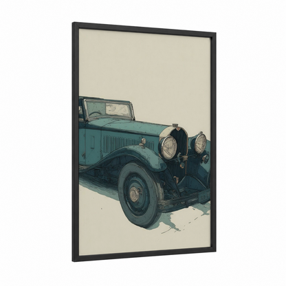 Teal Roadster framed classic car print — black wood frame — teal and cream palette