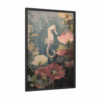 Blooming Seahorse framed sea horse print — black wood frame — cream and sage green palette