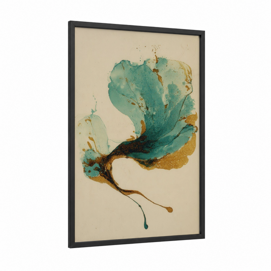 Teal Nautilus framed art print — black wood frame — teal and gold palette
