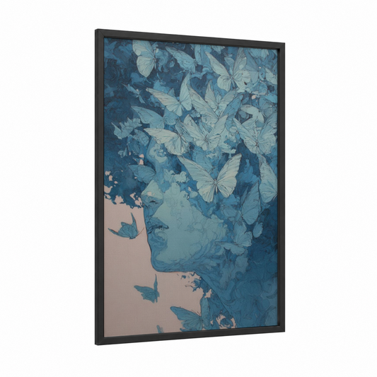 Ethereal Butterfly Mind framed ghost print — black wood frame — dark blue and blue and white palette