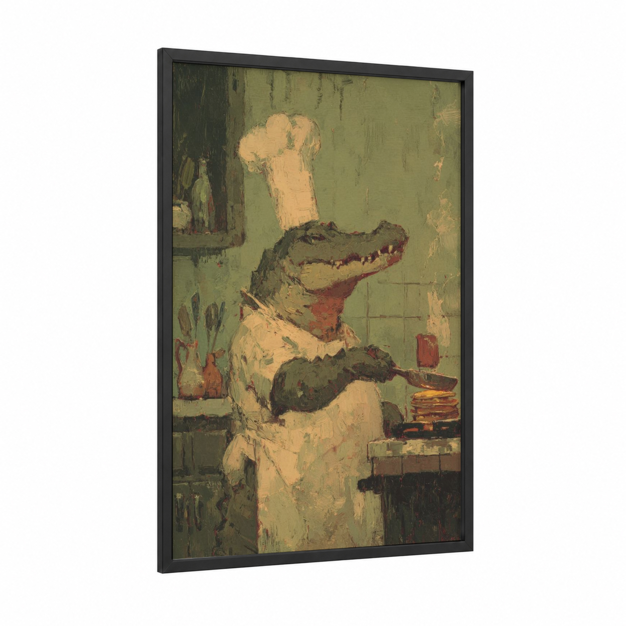Chef Alligator framed art print — black wood frame — sage green and cream palette