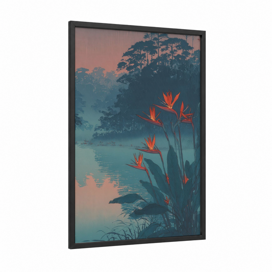 Twilight Paradise framed birds of paradise print — black wood frame — gold and teal palette