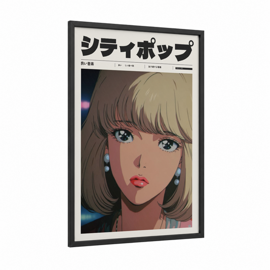 Shibuya Pop Girl framed anime and manga print — black wood frame — peach and blue palette
