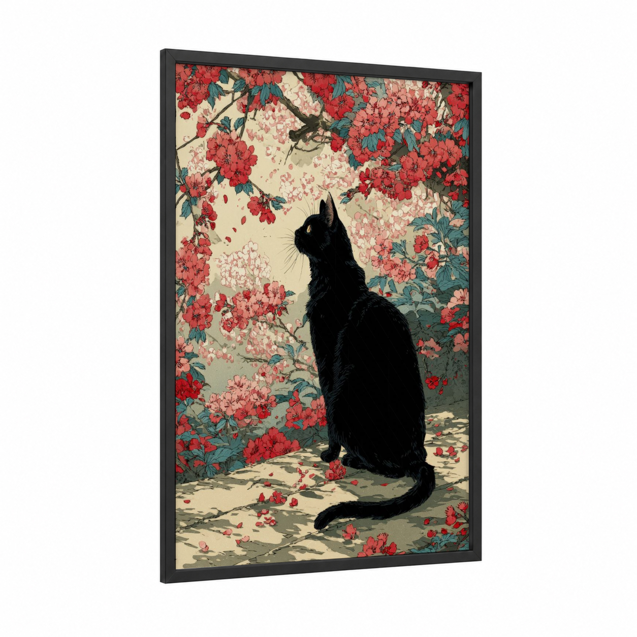 Black Cat Blossoms framed art print — black wood frame — red and cream palette