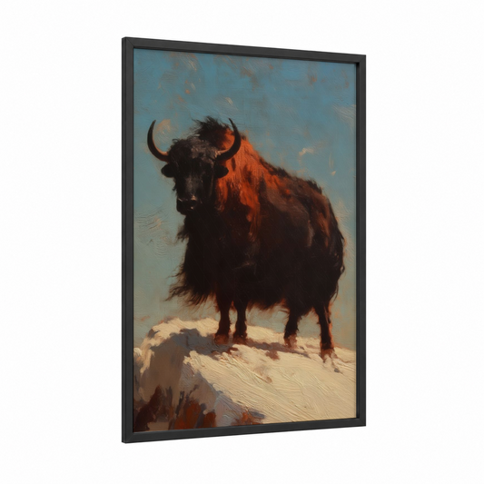 Golden Hour Yak framed art print — black wood frame — orange and blue palette