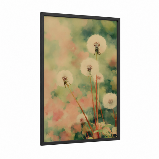 Dreamy Dandelions framed art print — black wood frame — light green and peach palette