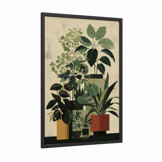 Potted Tropical Garden framed tropical trees print — black wood frame — green and beige palette