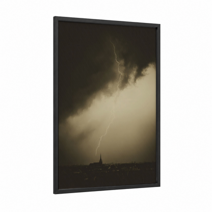 Stormy Skyline framed lightning print — black wood frame — black and cream palette