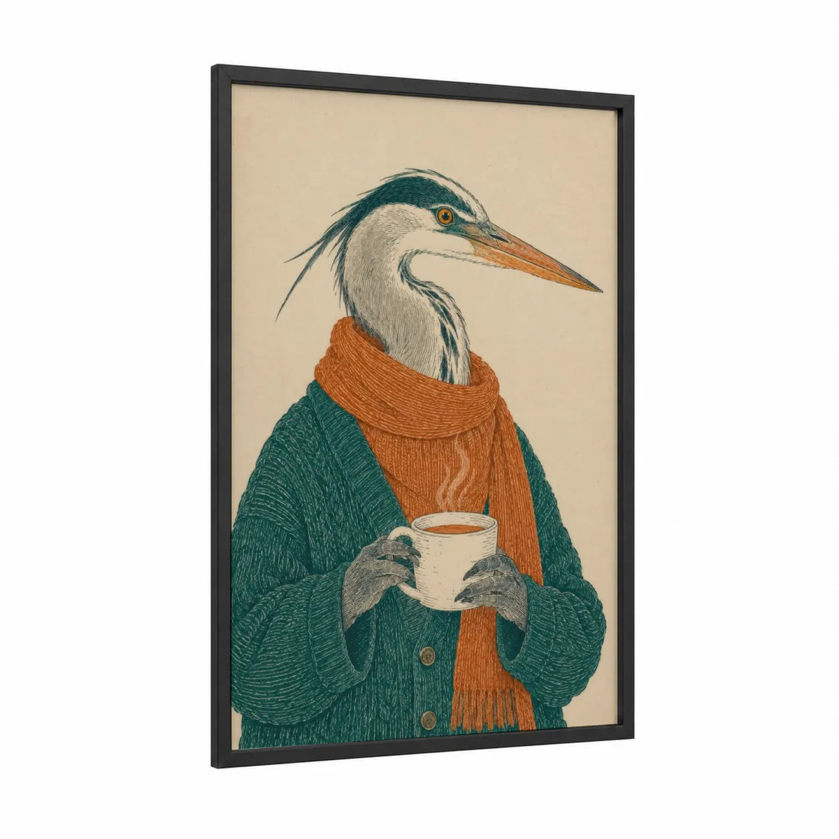 Heron with Coffee Cup Wall Art framed art print — black wood frame — teal and orange palette
