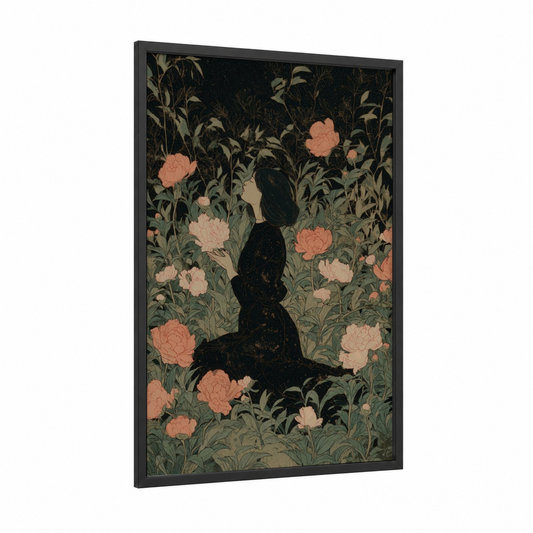 Meditative Pose Yoga framed art print — black wood frame — peach and sage green palette
