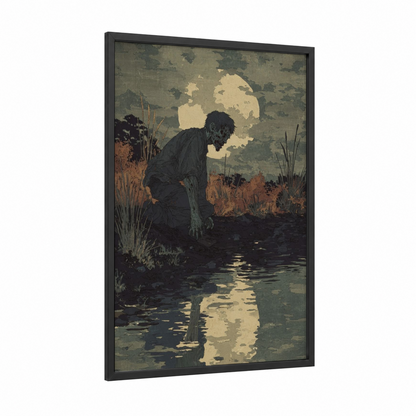 Moonlit Zombie framed art print — black wood frame — black and cream palette