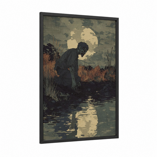 Moonlit Zombie framed art print — black wood frame — black and cream palette