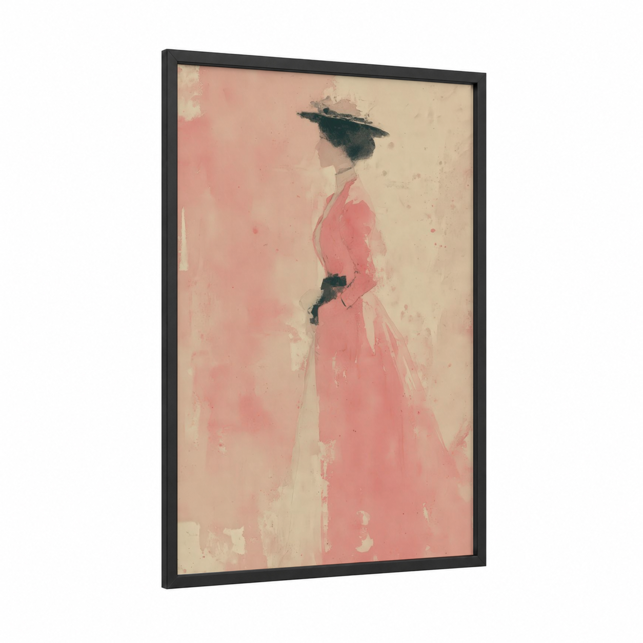 Pink Elegance framed vintage fashion print — black wood frame — pink and cream palette