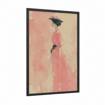 Pink Elegance framed vintage fashion print — black wood frame — pink and cream palette