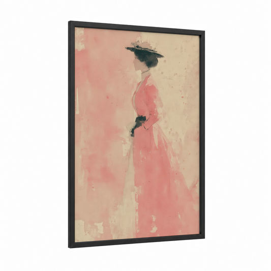 Pink Elegance framed vintage fashion print — black wood frame — pink and cream palette