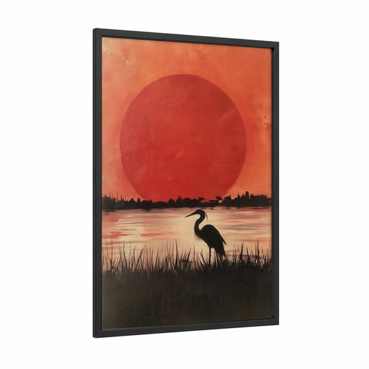 Crimson Sunset Heron framed art print — black wood frame — red and orange palette