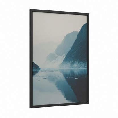 Misty Glacier Fjord framed art print — black wood frame — blue and gray palette