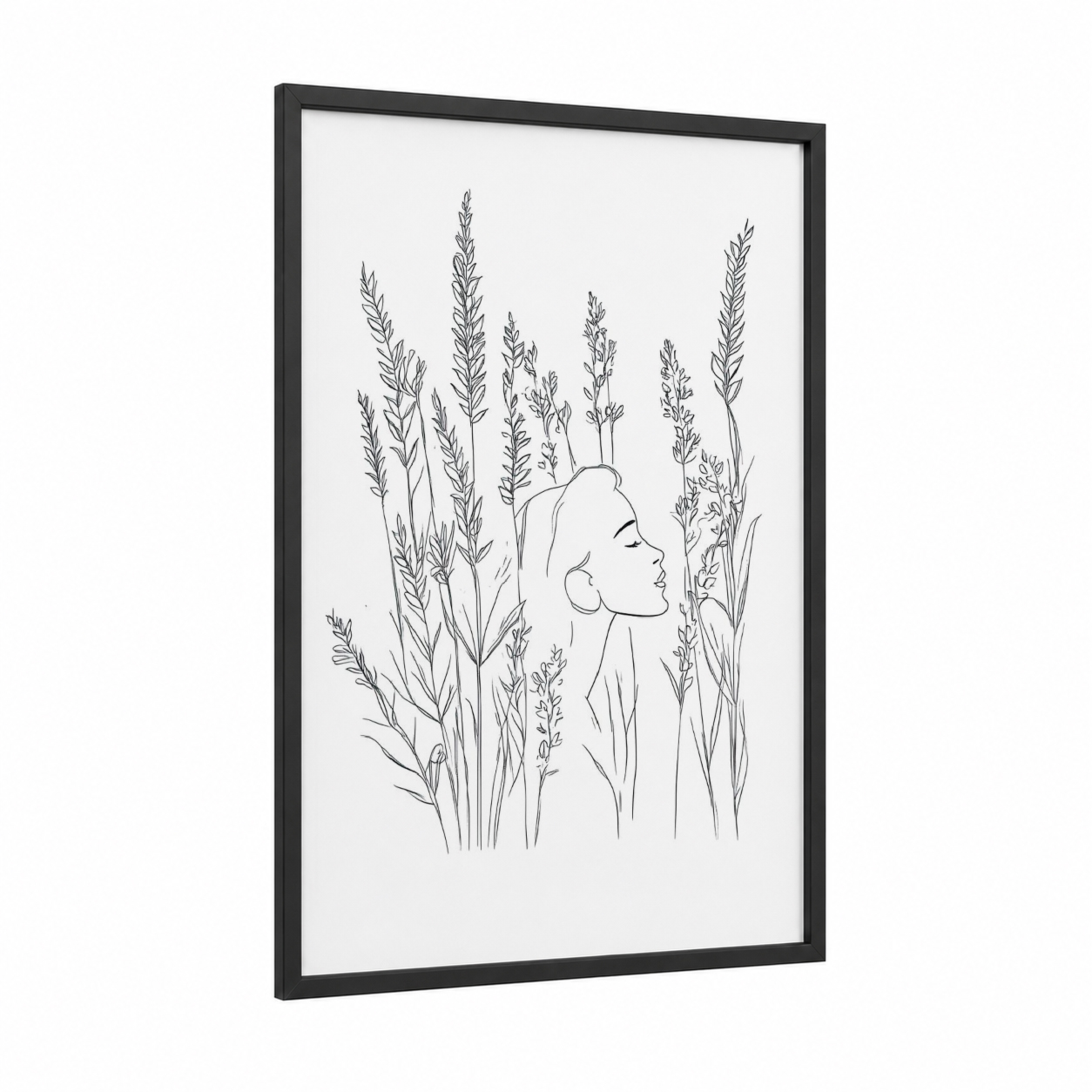 Grain Field Profile framed art print — black wood frame — black and white palette