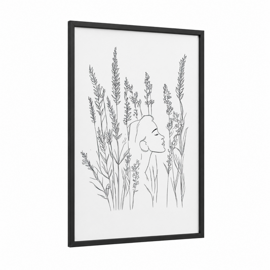 Grain Field Profile framed art print — black wood frame — black and white palette