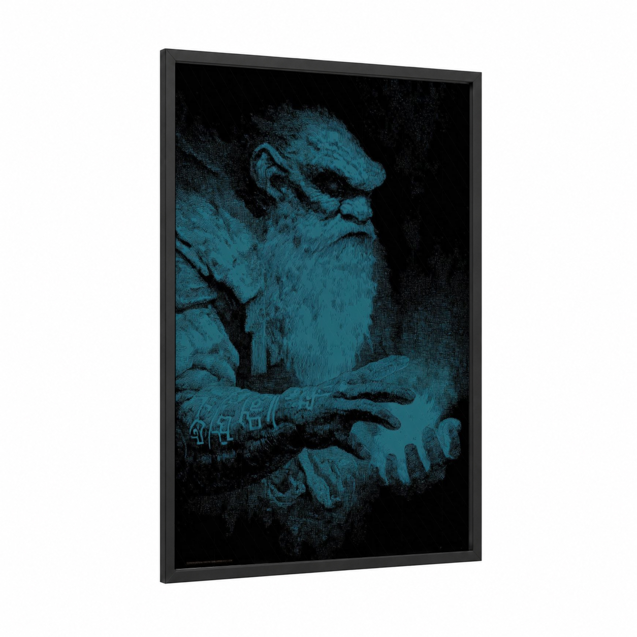 Bearded Dwarf framed dwarves print — black wood frame — dark blue and black palette