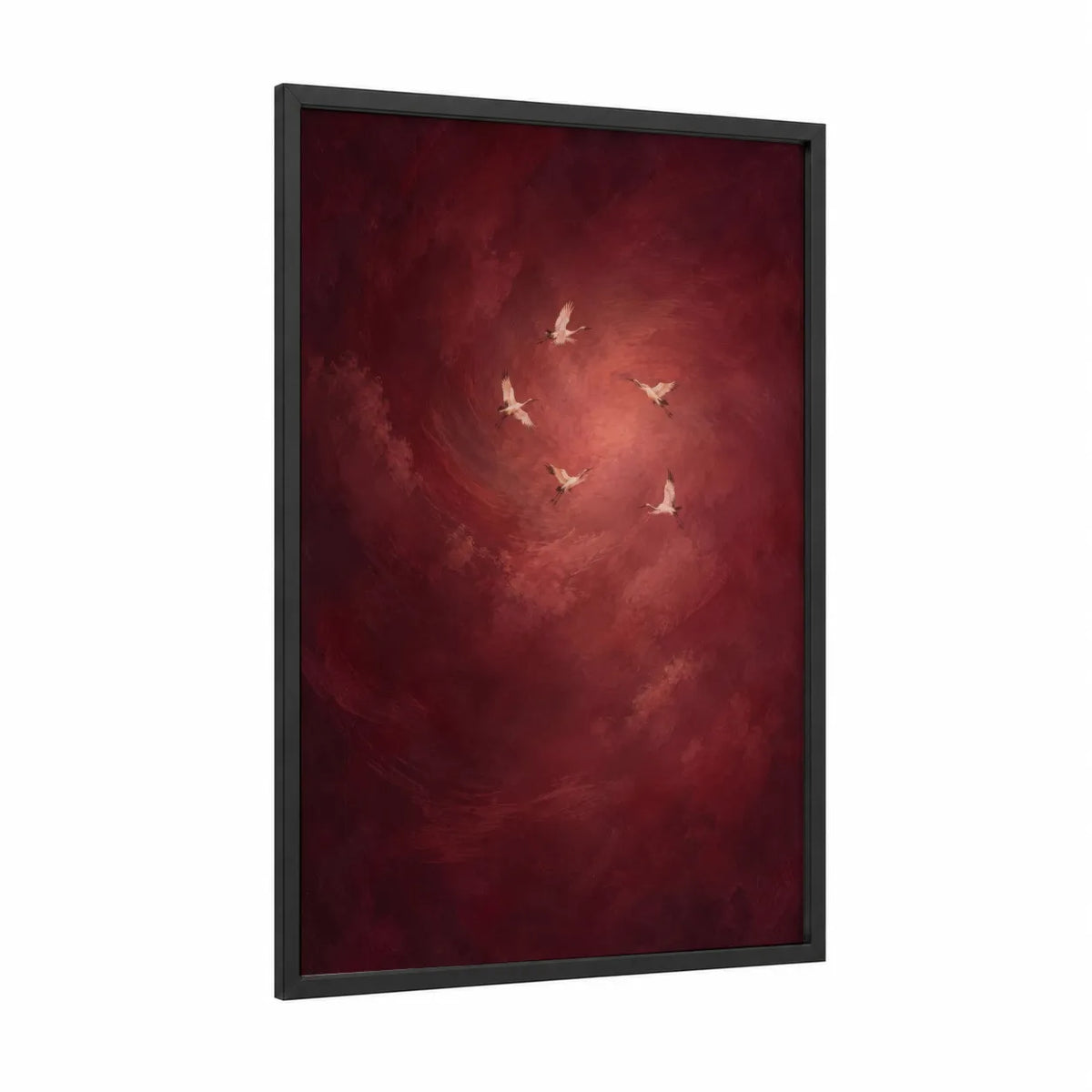 Crimson Sky Crane Flight Wall Art framed art print — black wood frame — maroon and salmon pink palette