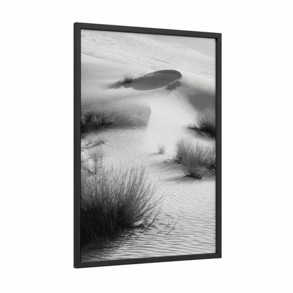 Windswept Dunes framed sandy beach print — black wood frame — black and white and gray palette