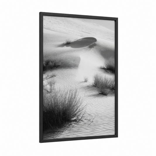 Windswept Dunes framed sandy beach print — black wood frame — black and white and gray palette